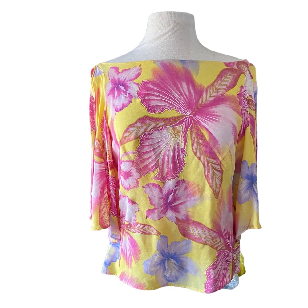 Escada silk floral Hawaiian split short sleeves top yellow pink pullover 38